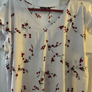 White with red flowers, cap sleeved, Express blouse.